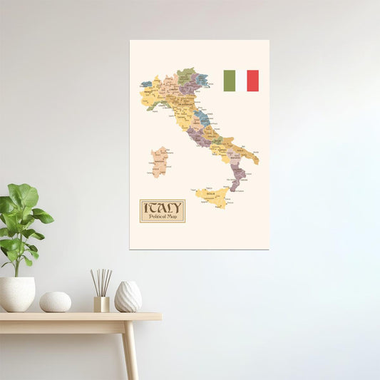 Italy Map | Vintage Political Map with Regions and Provinces Poster