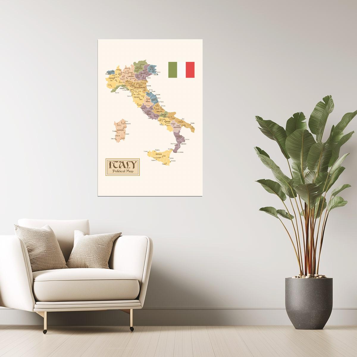 Italy Map | Vintage Political Map with Regions and Provinces Poster