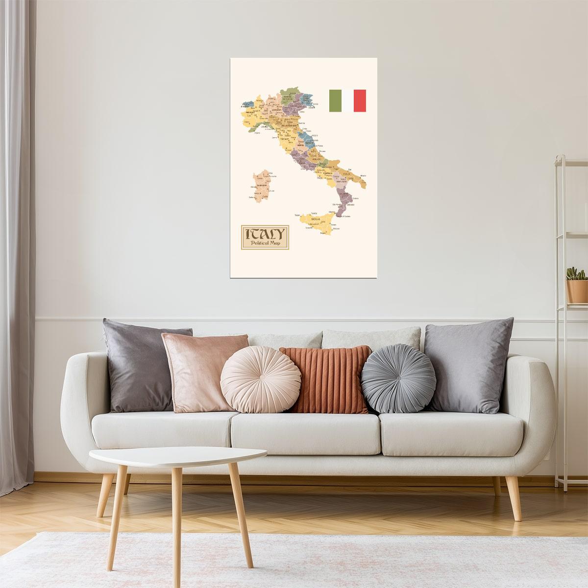Italy Map | Vintage Political Map with Regions and Provinces Poster