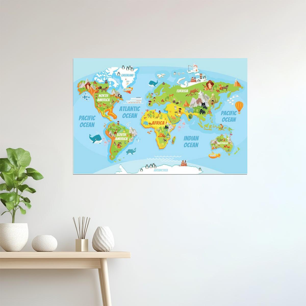 World Map | Educational Kids Map with Cartoon Animals Poster