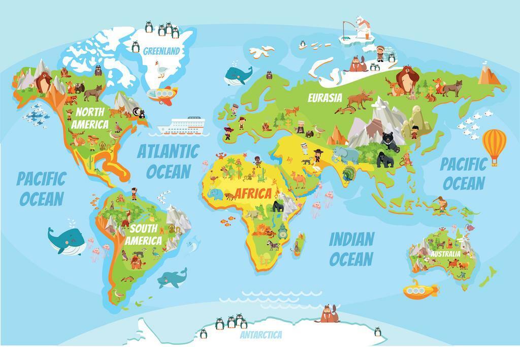 World Map | Educational Kids Map with Cartoon Animals Poster