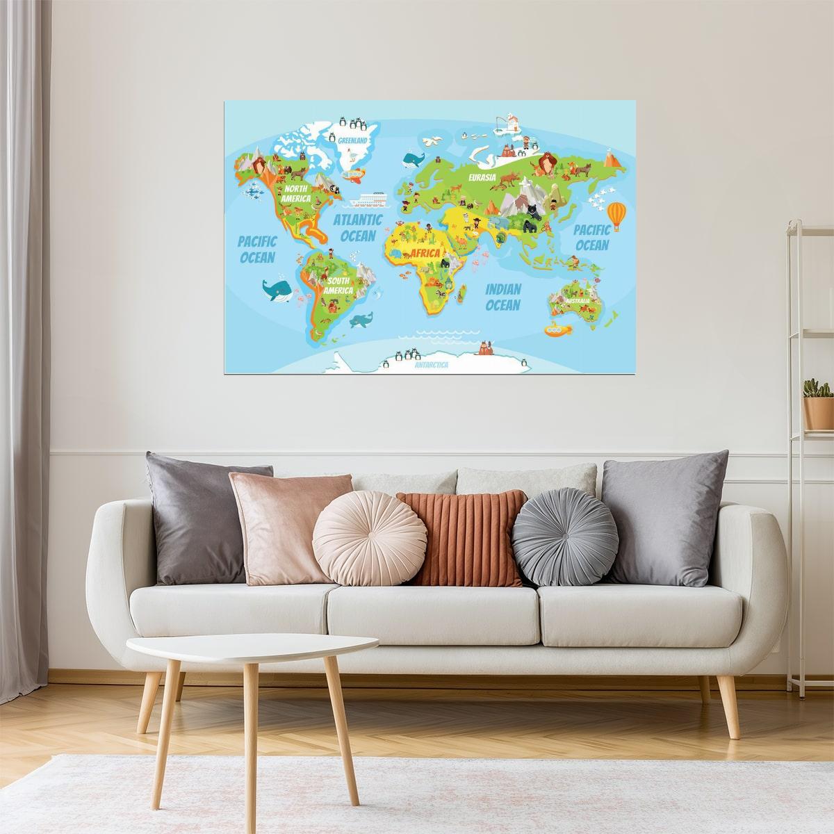 World Map | Educational Kids Map with Cartoon Animals Poster