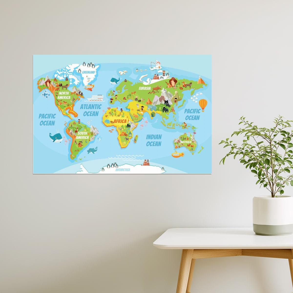 World Map | Educational Kids Map with Cartoon Animals Poster
