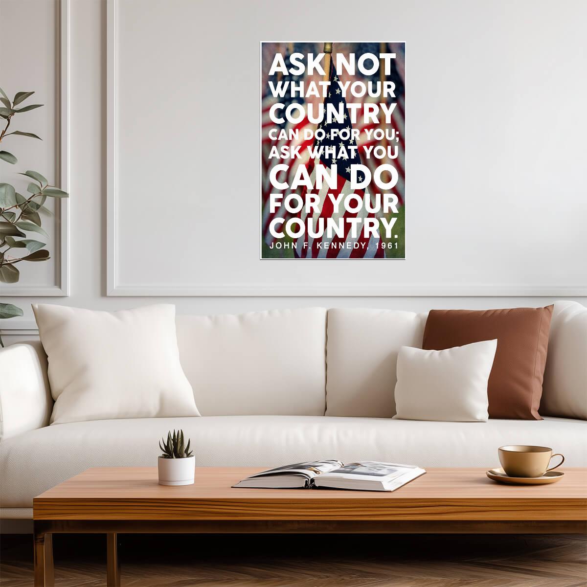 John F Kennedy Ask Not Quote | American Flag Portrait Poster | Patriotic Wall Art - Type & Quotes Poster