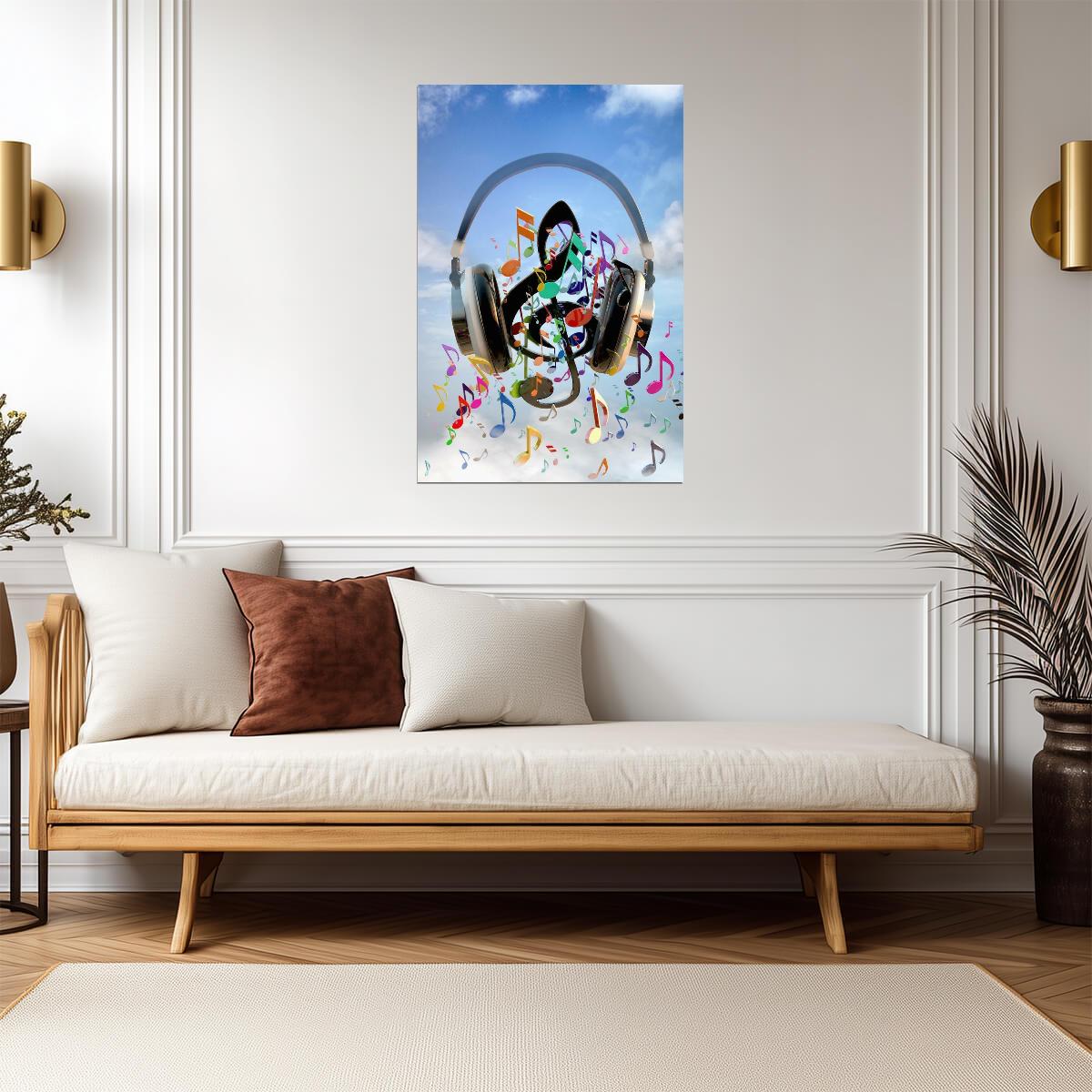 Headphones & Musical Notes | Abstract Music Art Print | Modern Wall Decor Poster - Music Poster