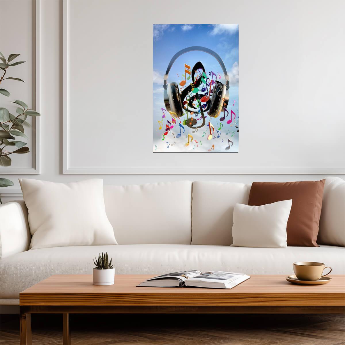 Headphones & Musical Notes | Abstract Music Art Print | Modern Wall Decor Poster - Music Poster