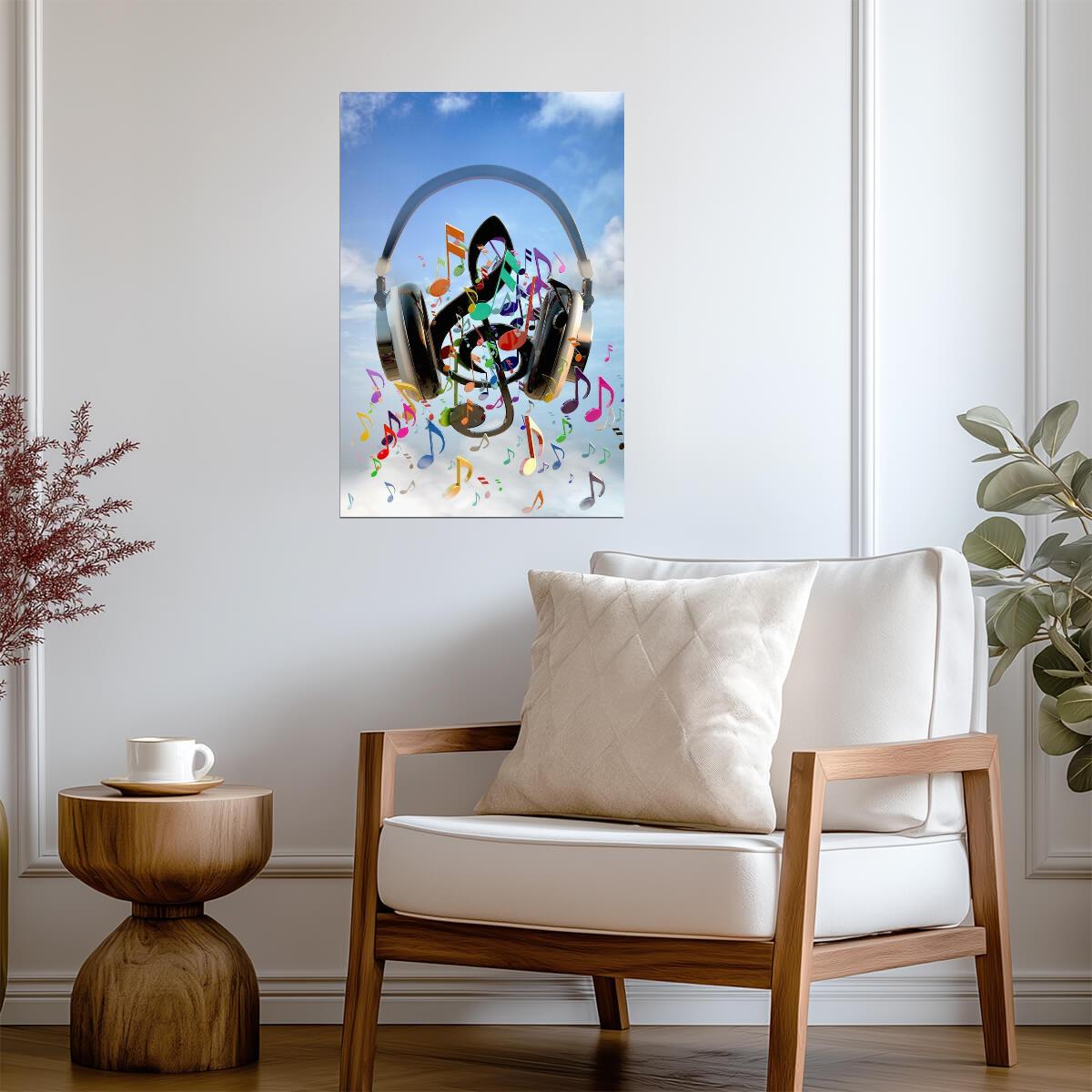 Headphones & Musical Notes | Abstract Music Art Print | Modern Wall Decor Poster - Music Poster
