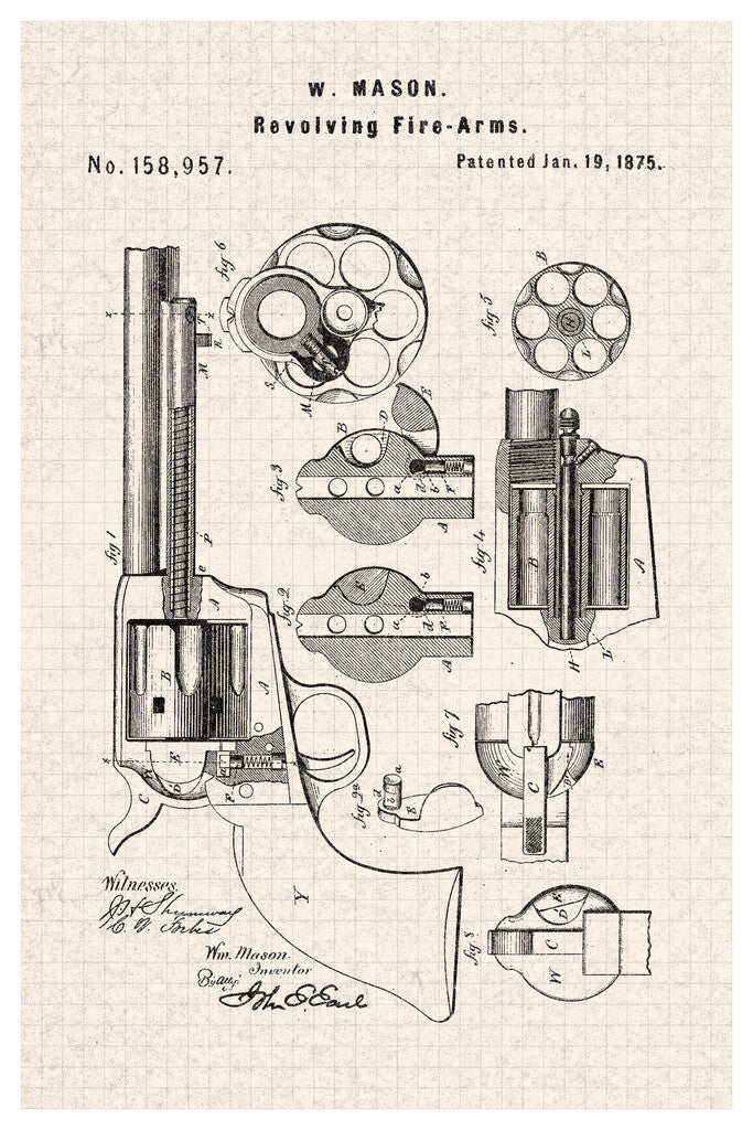 Revolver Firearm Patent Print | W. Mason Gun Diagram | Western Art Poster - Vintage & Retro Poster