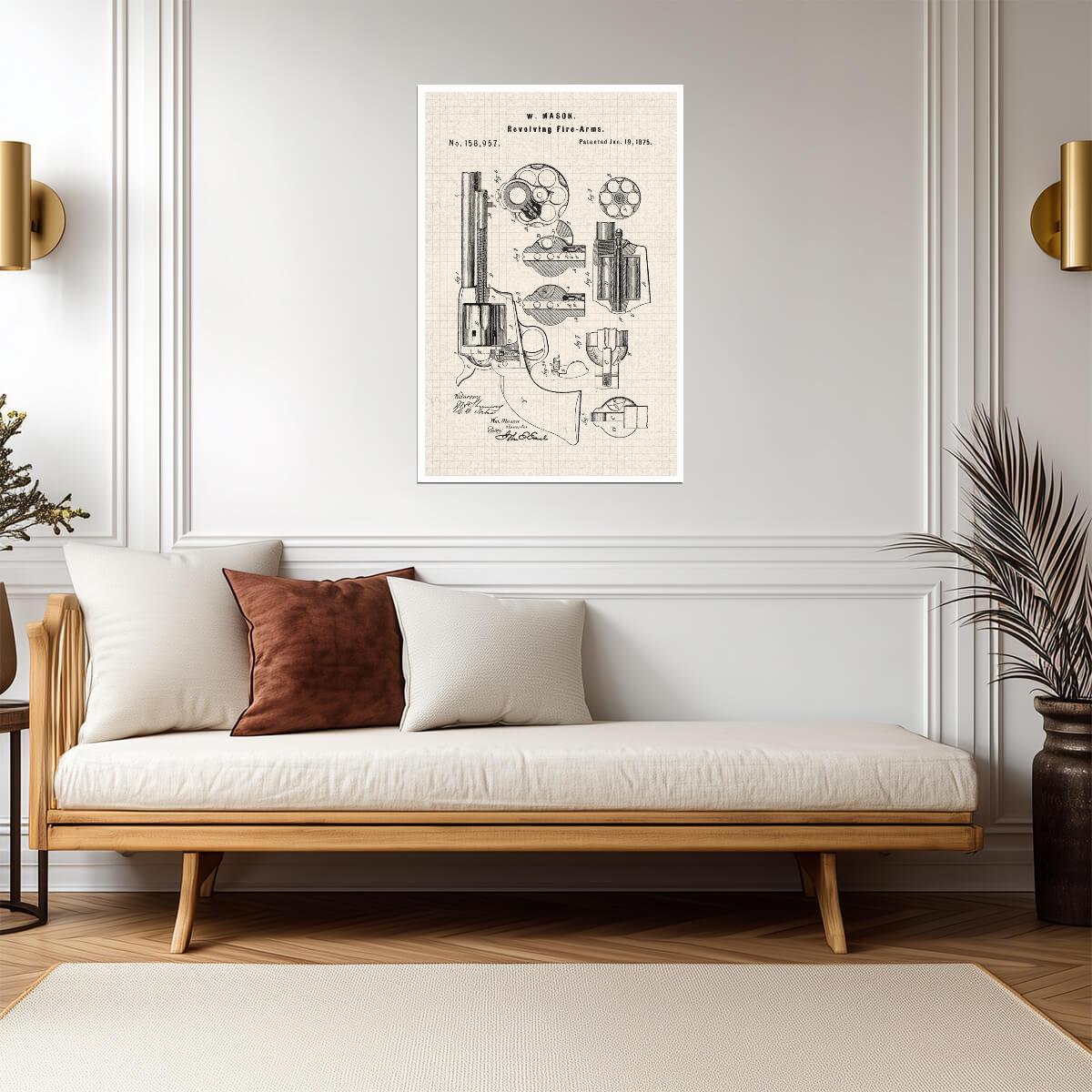 Revolver Firearm Patent Print | W. Mason Gun Diagram | Western Art Poster - Vintage & Retro Poster