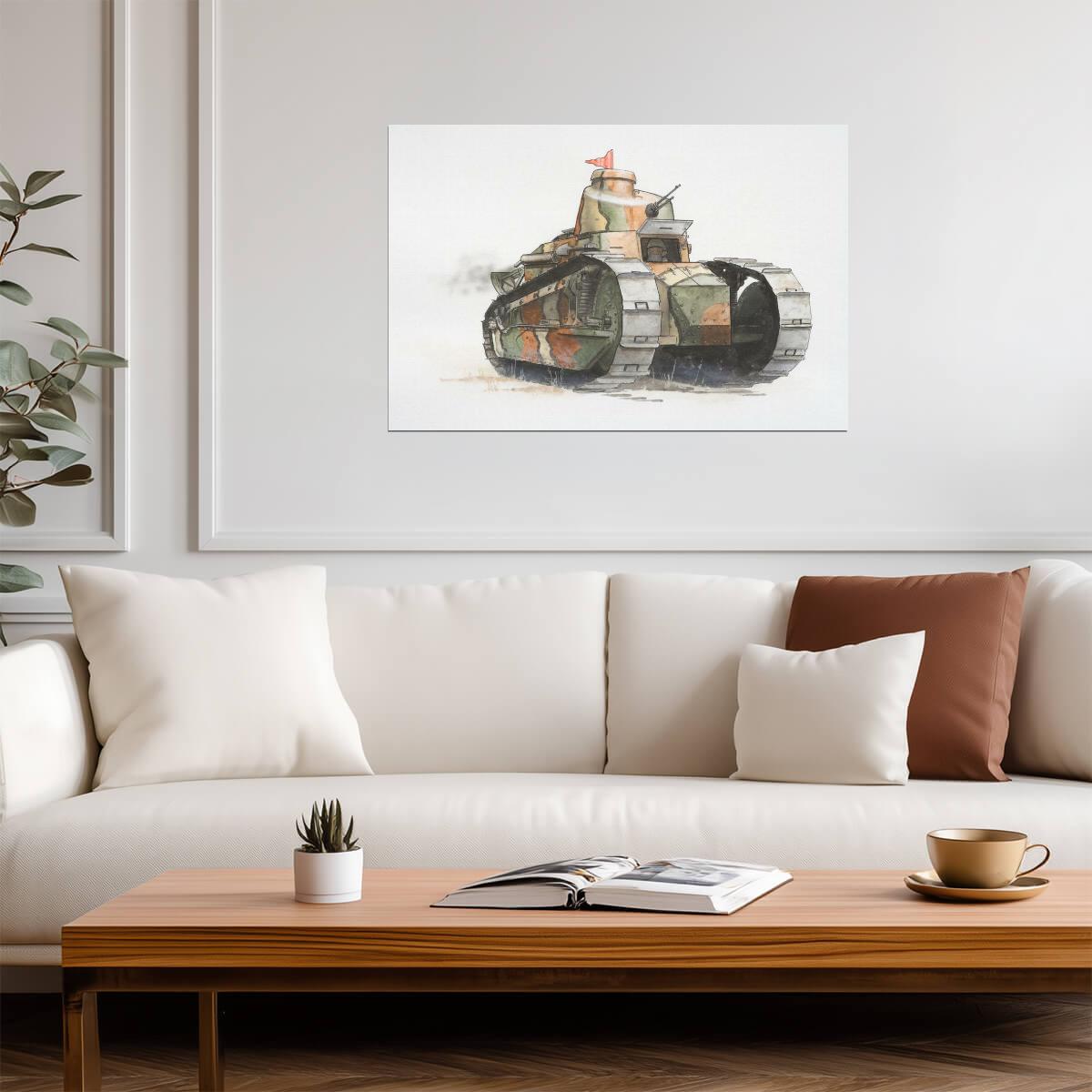 Renault FT-17 Tank | WWI Military Watercolor | Historical Illustration Poster - Vintage & Retro Poster