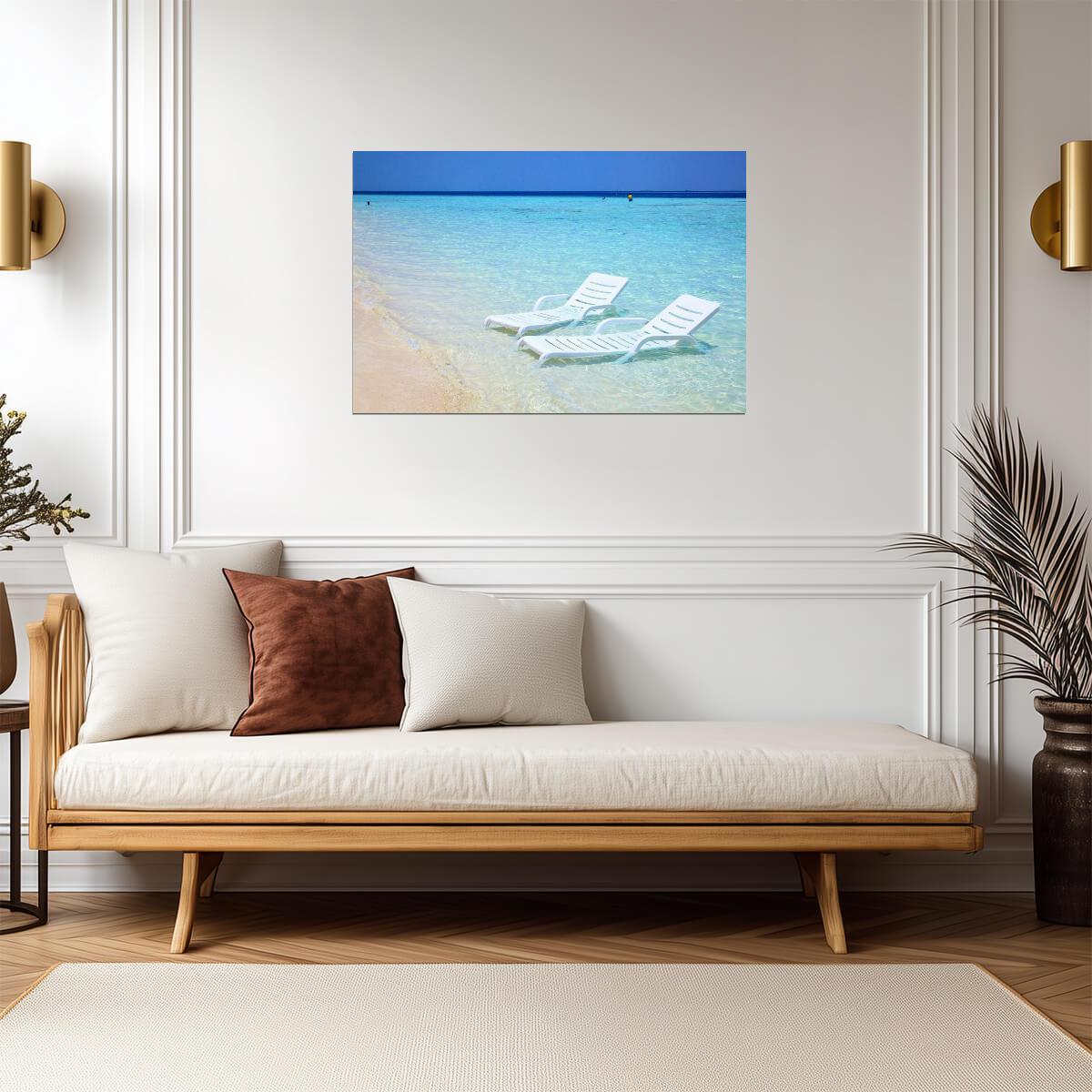 Sunchairs on a Tropical Beach | Paradise Photography Print | Relaxation Poster - Photography Poster