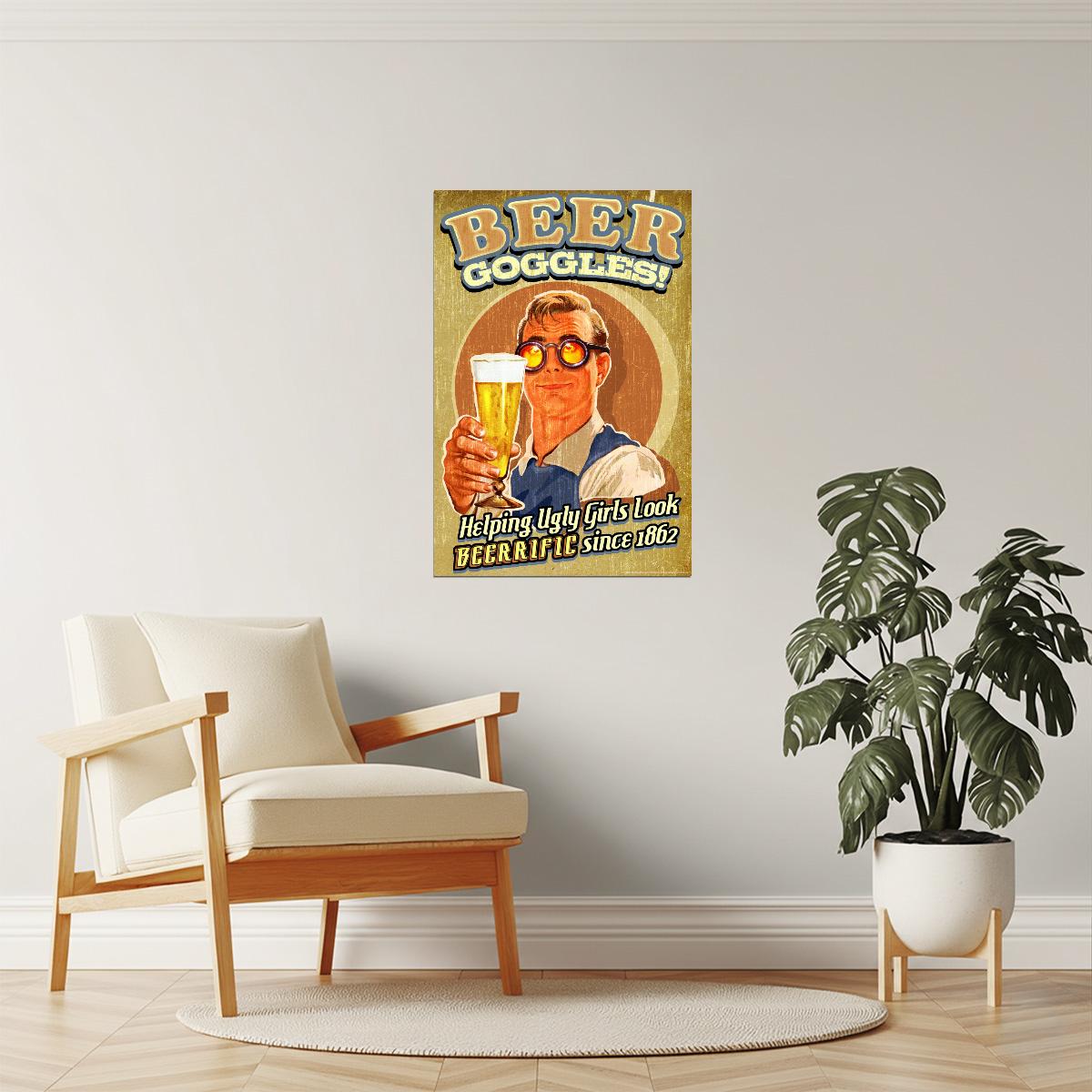 Beer Goggles Funny Poster | Retro Bar Humor | Man Cave Wall Art