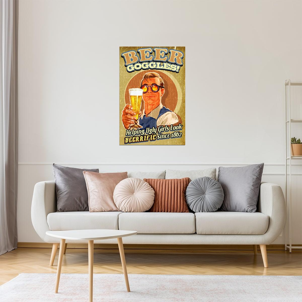Beer Goggles Funny Poster | Retro Bar Humor | Man Cave Wall Art