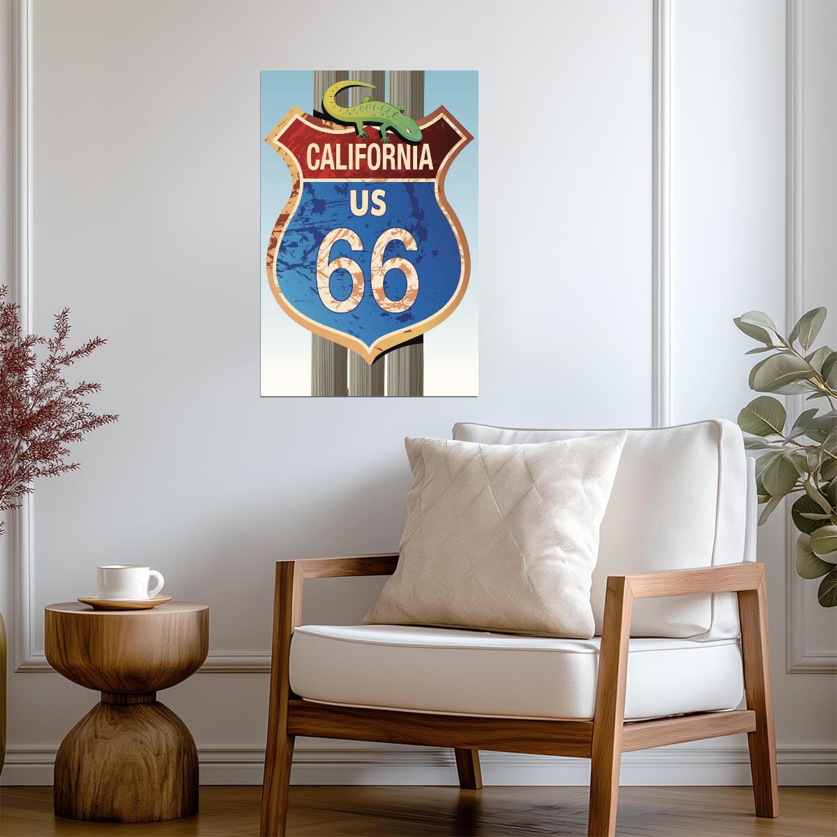 Retro Route 66 California Sign | Vintage Americana Poster | Lizard Road Sign Art - Type & Quotes Poster