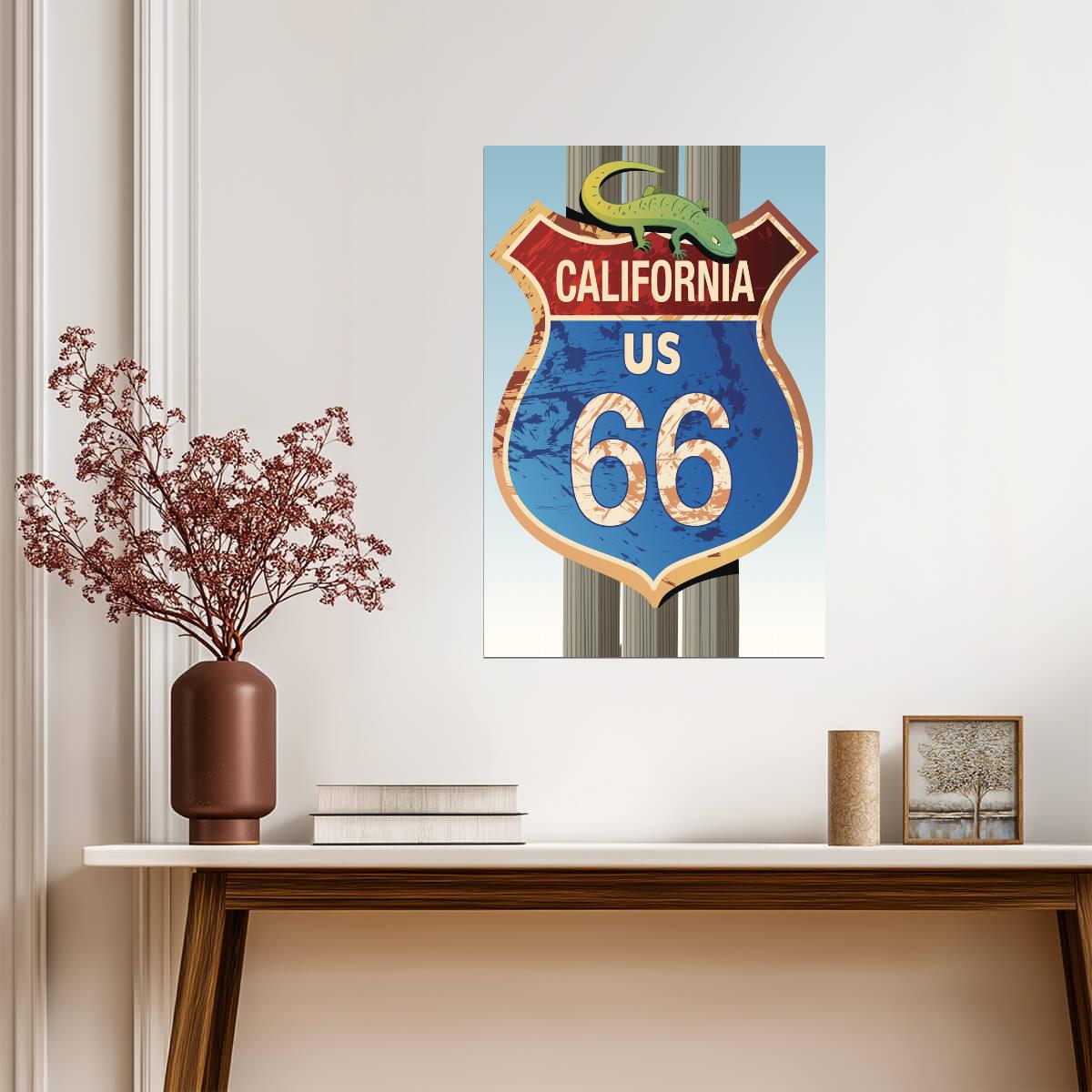 Retro Route 66 California Sign | Vintage Americana Poster | Lizard Road Sign Art - Type & Quotes Poster