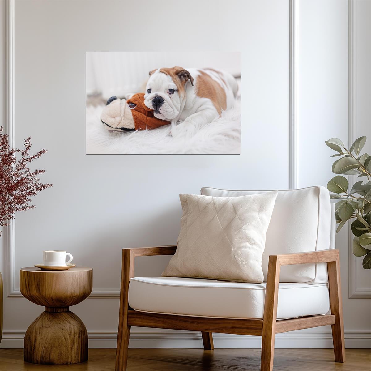 English Bulldog Puppy Laying on a Toy | Pet Photography | Cute Dog Poster - Photography Poster