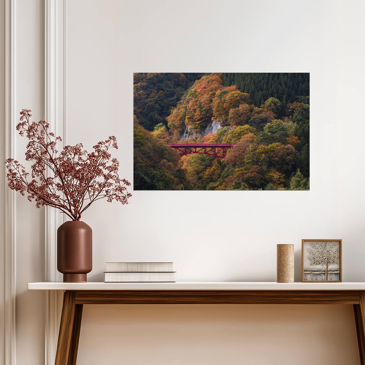 Red Bridge in Nagano Forest | Autumn Photography Print | Japan Scenery Poster