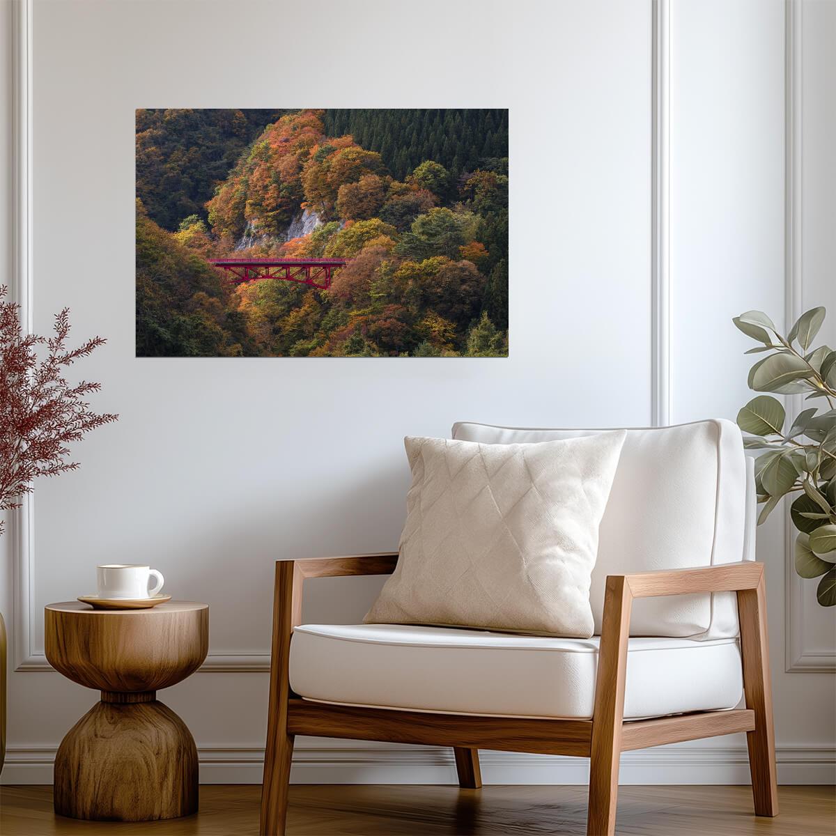 Red Bridge in Nagano Forest | Autumn Photography Print | Japan Scenery Poster