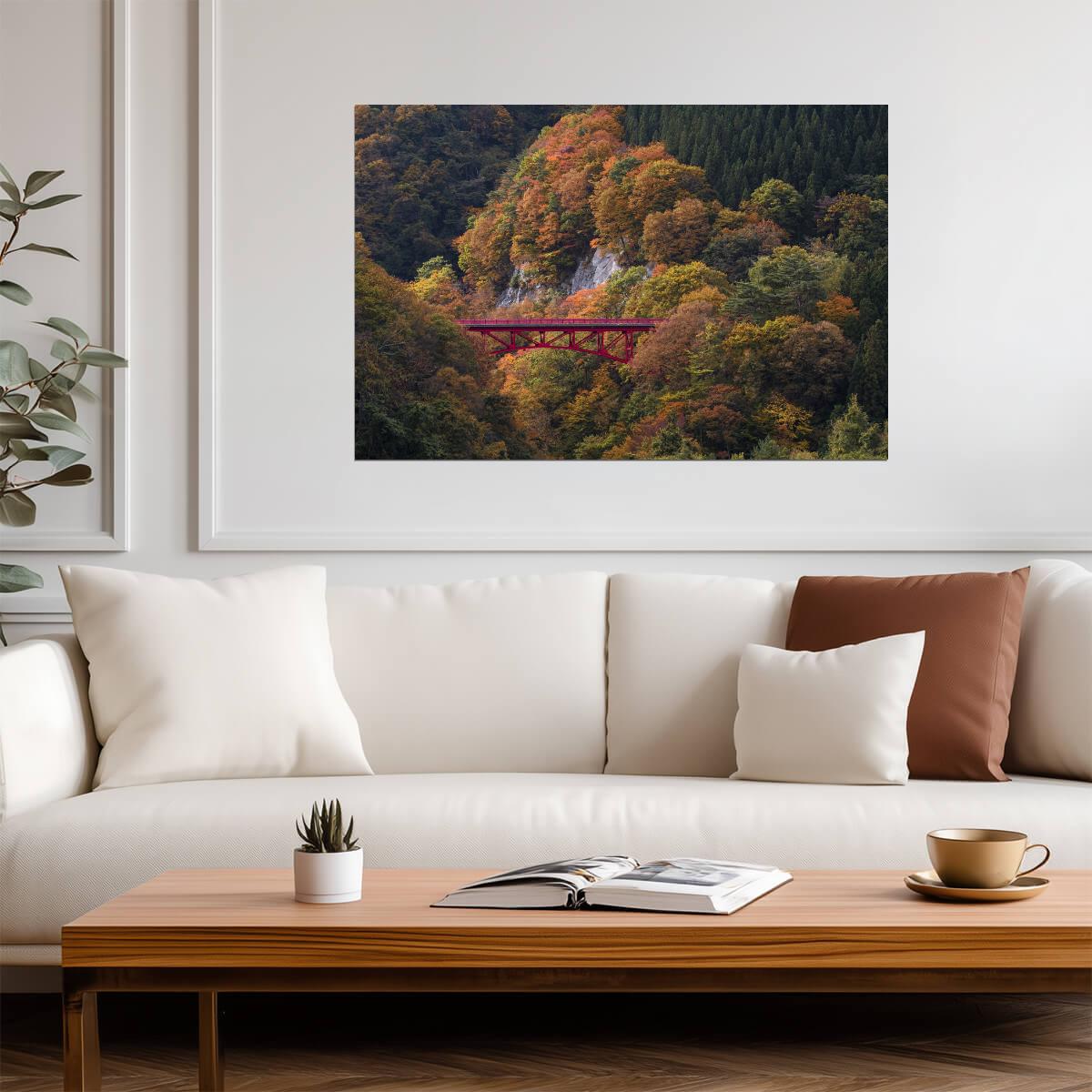 Red Bridge in Nagano Forest | Autumn Photography Print | Japan Scenery Poster