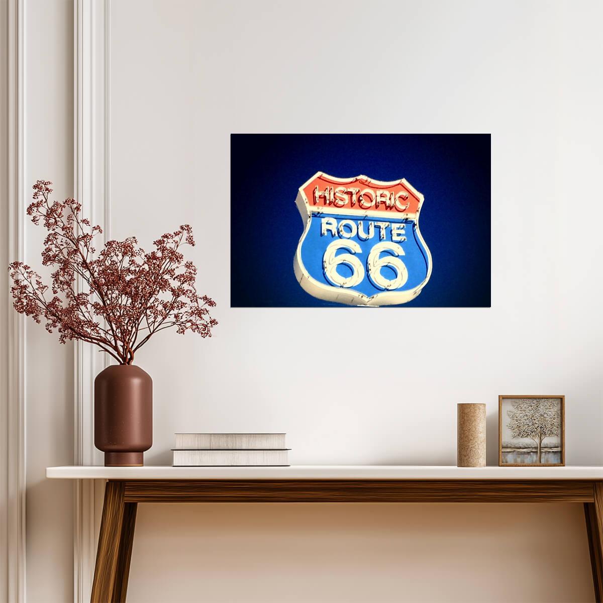 Historic Route 66 Neon Sign | Vintage Americana Poster | Retro Highway Art - Type & Quotes Poster