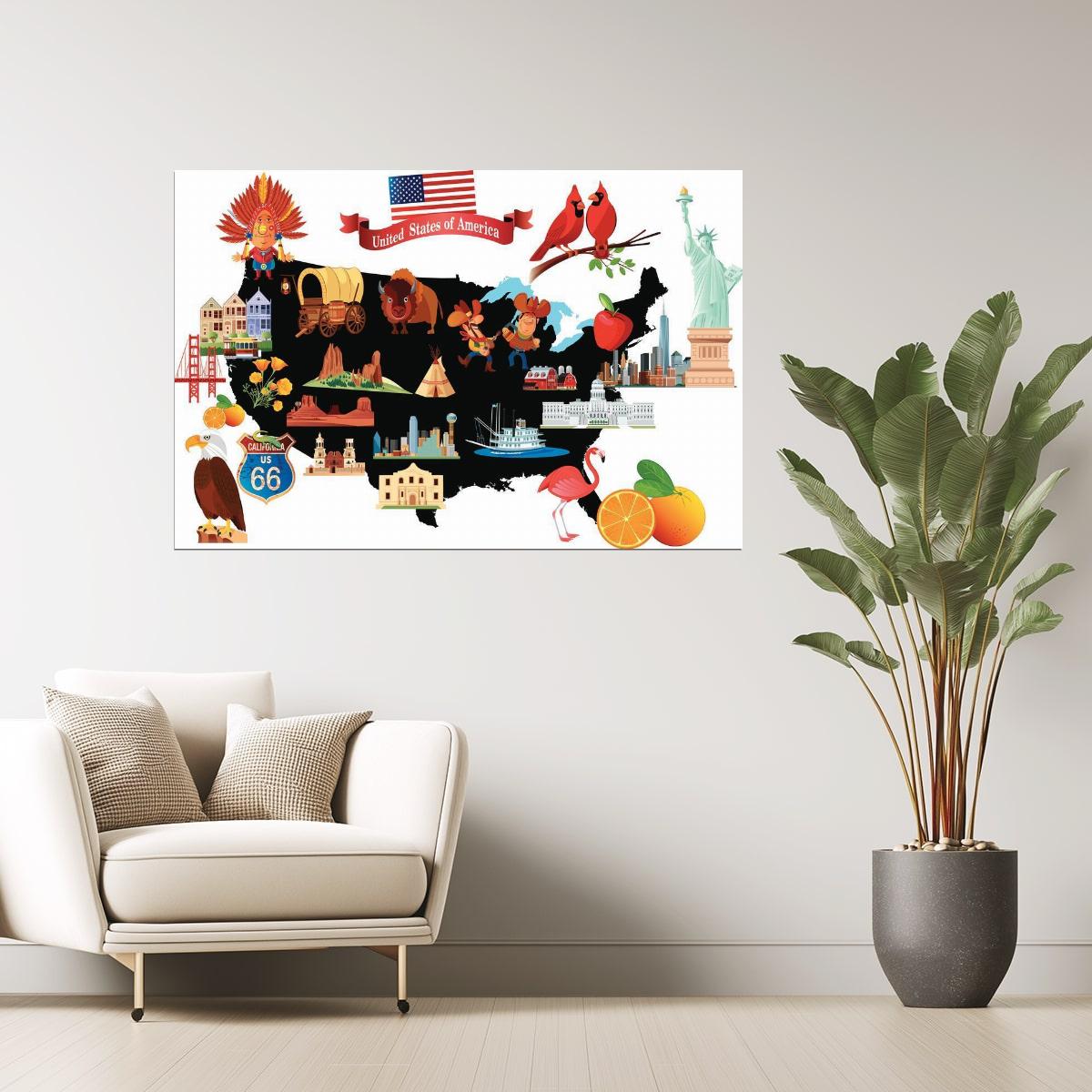 USA Map | Cartoon Illustrated Map with American Symbols Poster