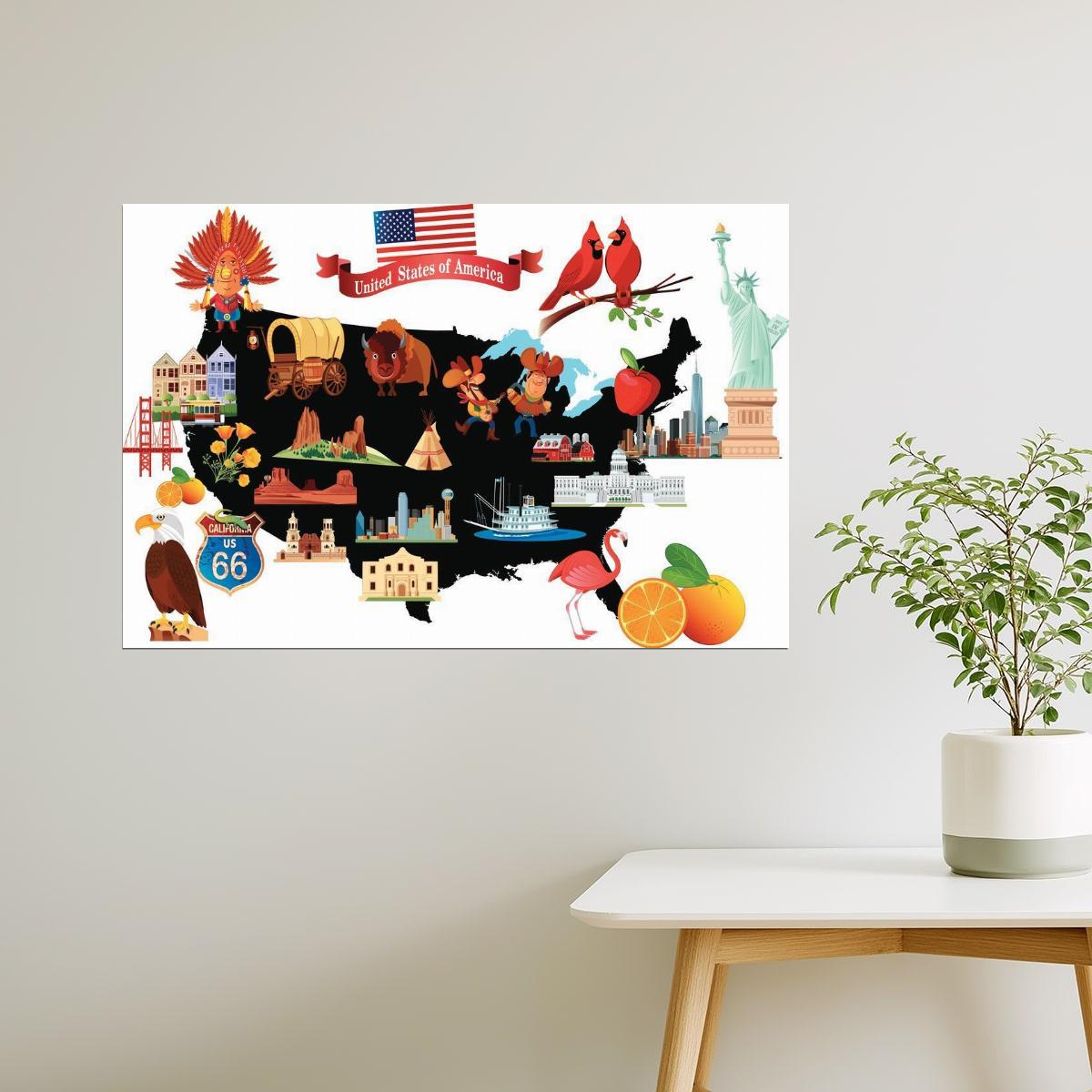 USA Map | Cartoon Illustrated Map with American Symbols Poster