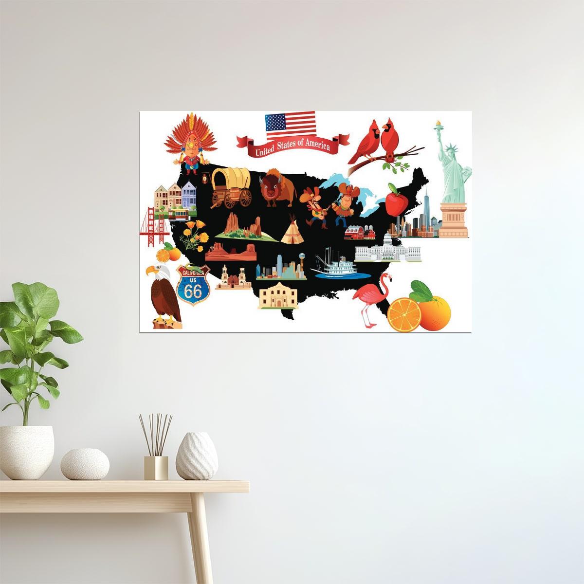 USA Map | Cartoon Illustrated Map with American Symbols Poster