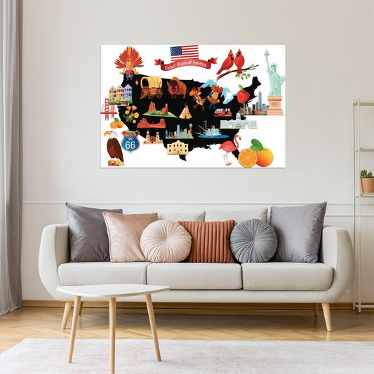 USA Map | Cartoon Illustrated Map with American Symbols Poster