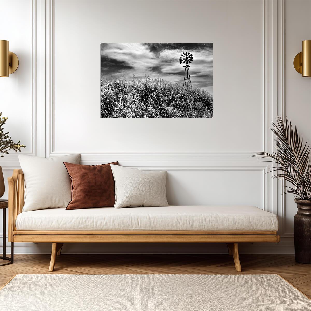 Timeless Windmill in Texas Hill Country | Black and White Rural Photography | Rustic Poster - Vintage & Retro Poster