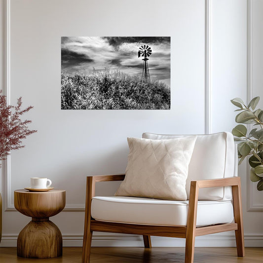 Timeless Windmill in Texas Hill Country | Black and White Rural Photography | Rustic Poster - Vintage & Retro Poster