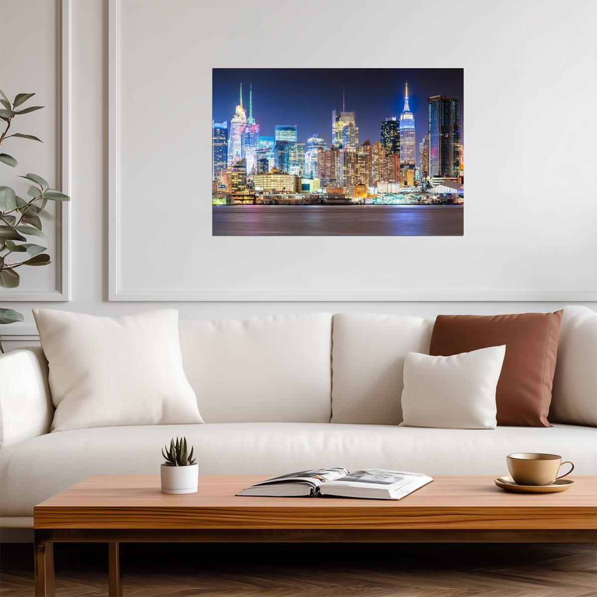 Vibrant New York Skyline at Night | Cityscape Photography Print | Urban Wall Art Poster - Photography Poster