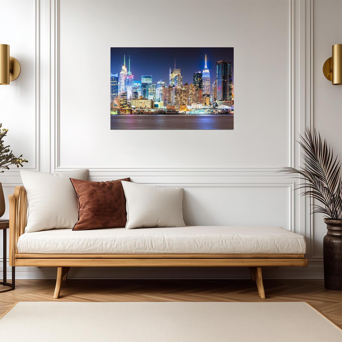 Vibrant New York Skyline at Night | Cityscape Photography Print | Urban Wall Art Poster - Photography Poster