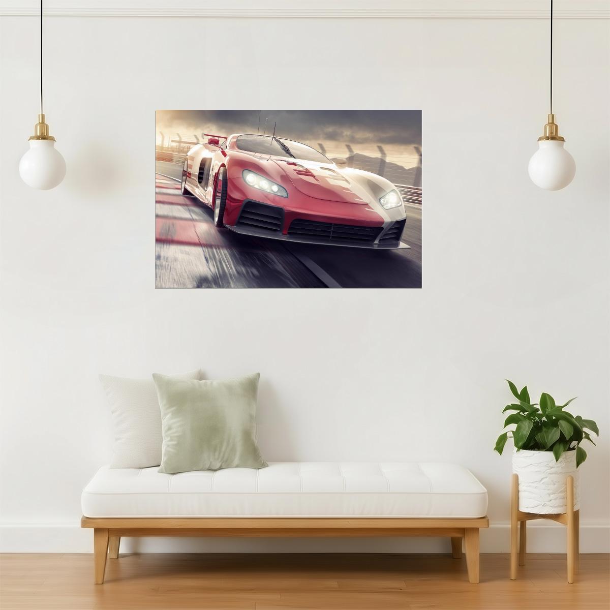 Sports Car on Racetrack at Sunset Poster | Speed Photography | Racing Wall Art