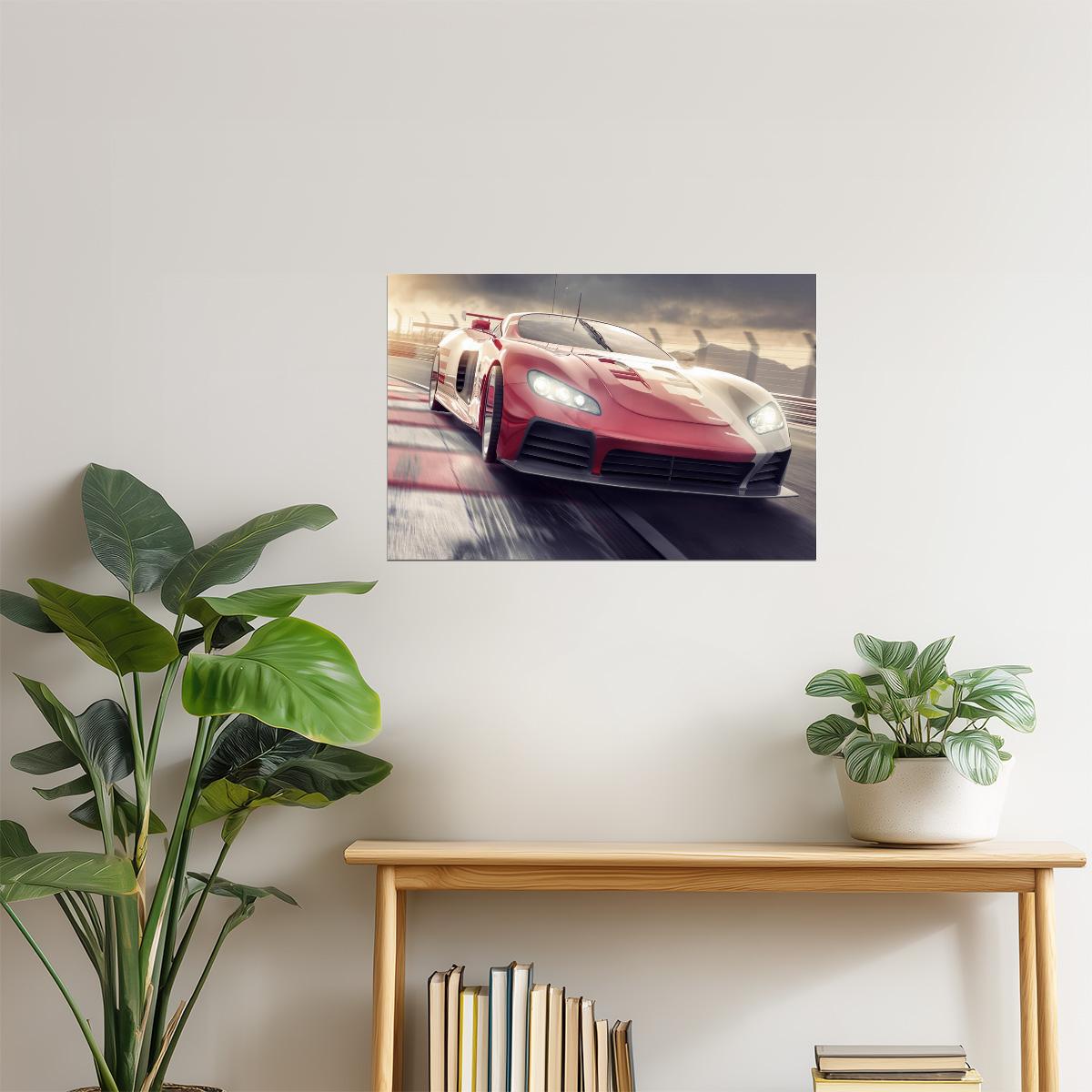 Sports Car on Racetrack at Sunset Poster | Speed Photography | Racing Wall Art