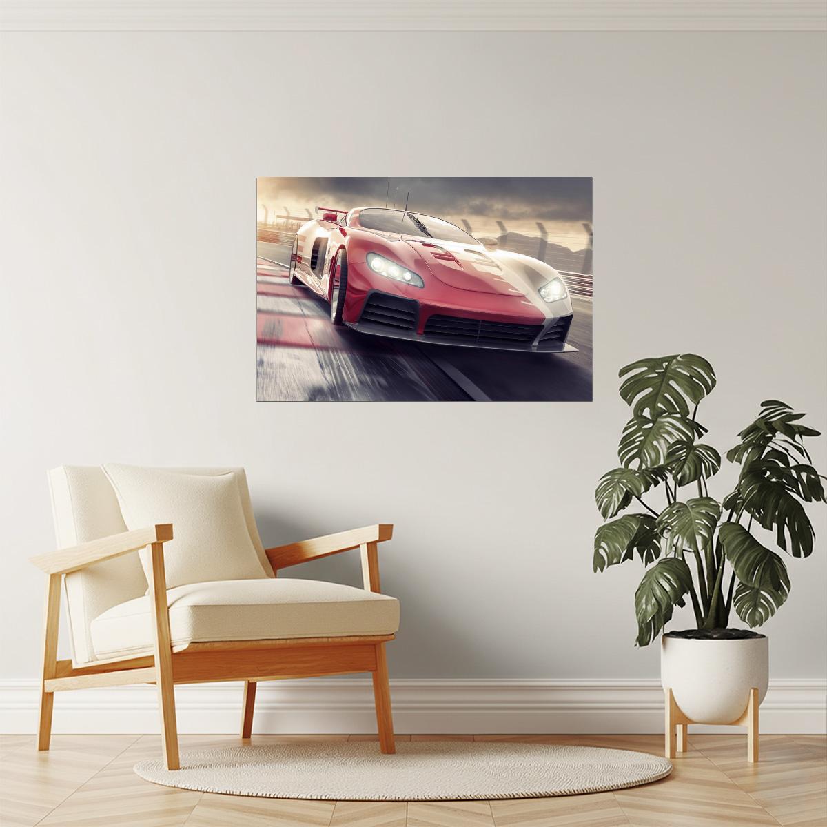 Sports Car on Racetrack at Sunset Poster | Speed Photography | Racing Wall Art