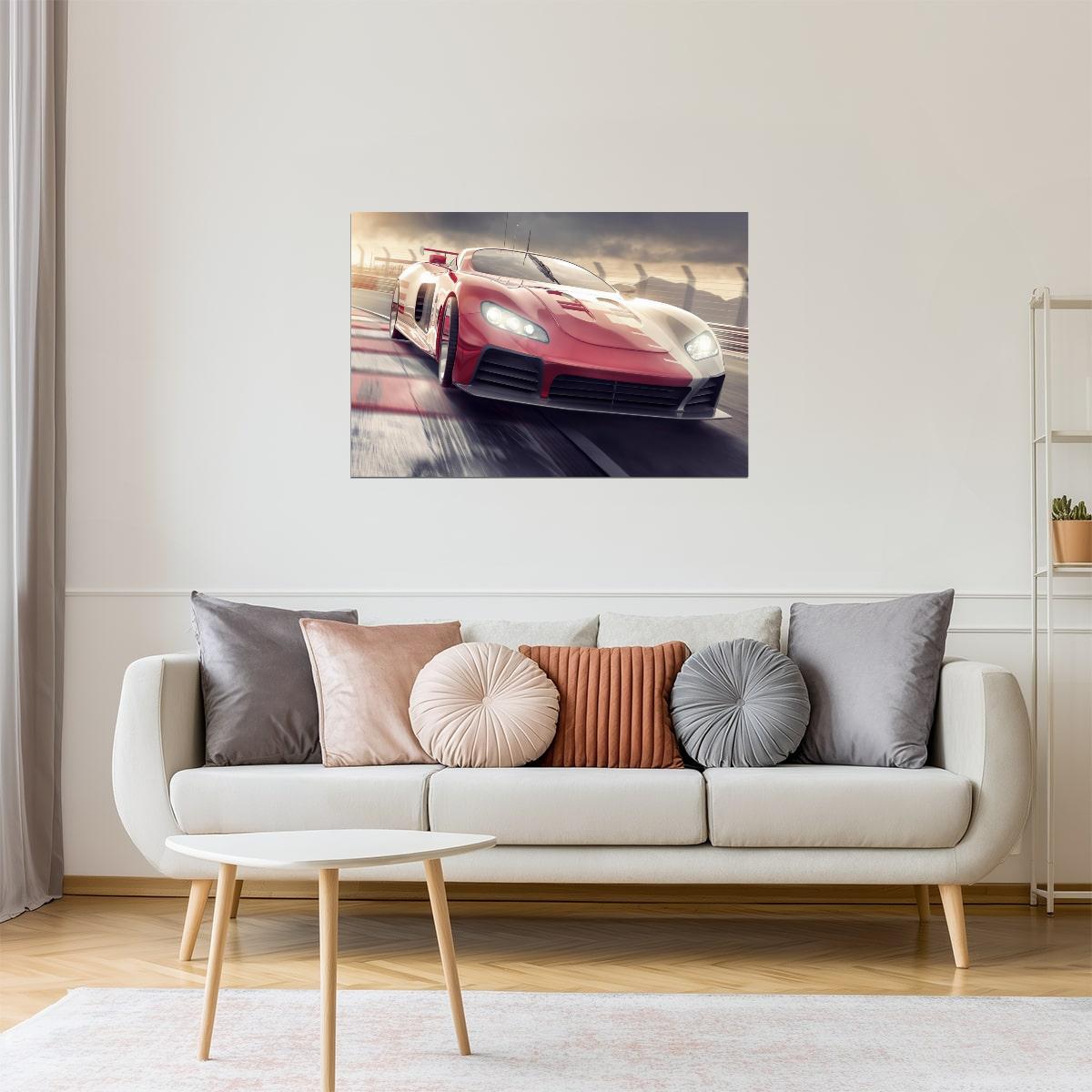 Sports Car on Racetrack at Sunset Poster | Speed Photography | Racing Wall Art