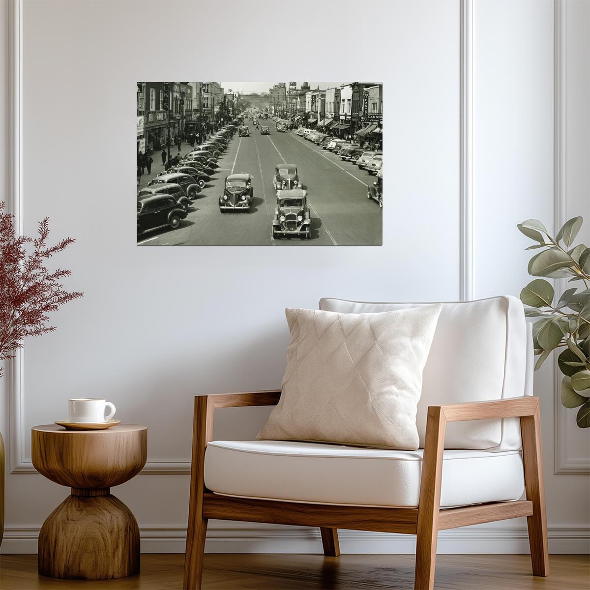 Retro Cars on a 1940s City Street | Vintage Black and White Photo | Historical Poster - Vintage & Retro Poster