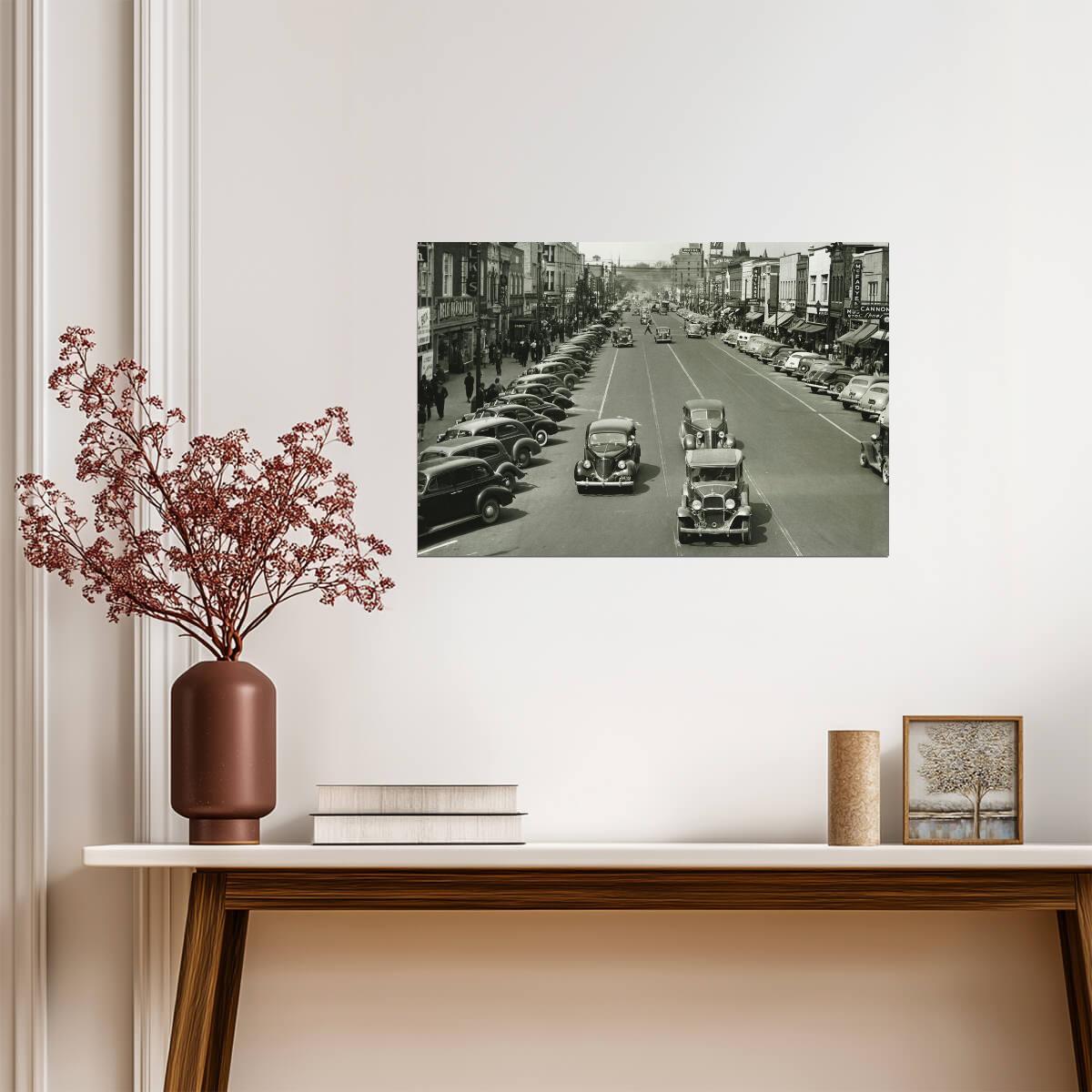 Retro Cars on a 1940s City Street | Vintage Black and White Photo | Historical Poster - Vintage & Retro Poster