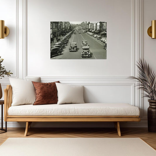 Retro Cars on a 1940s City Street | Vintage Black and White Photo | Historical Poster - Vintage & Retro Poster