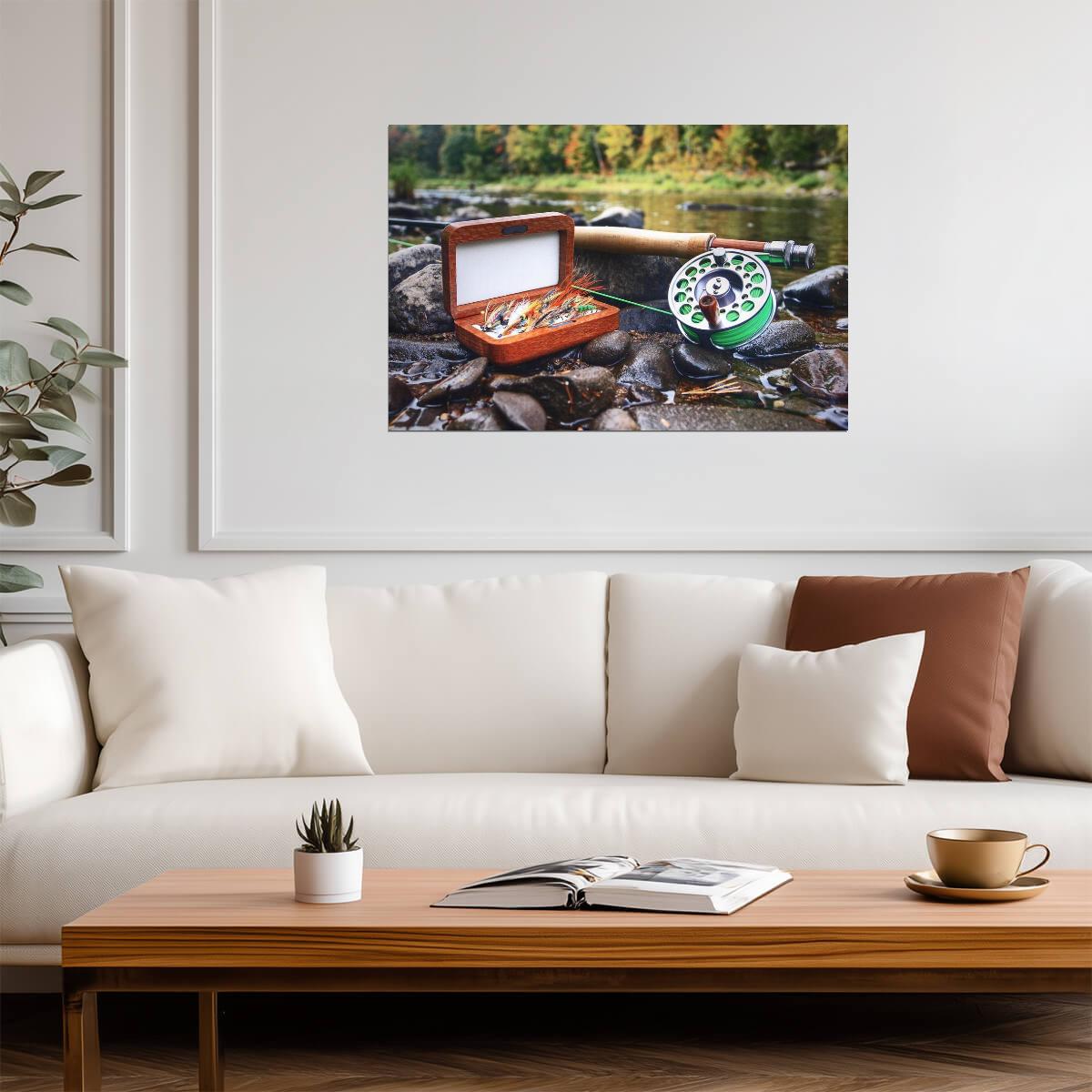 Salmon Fishing Gear on a River Bank | Angler Lifestyle Photography | Hobby Poster - Photography Poster