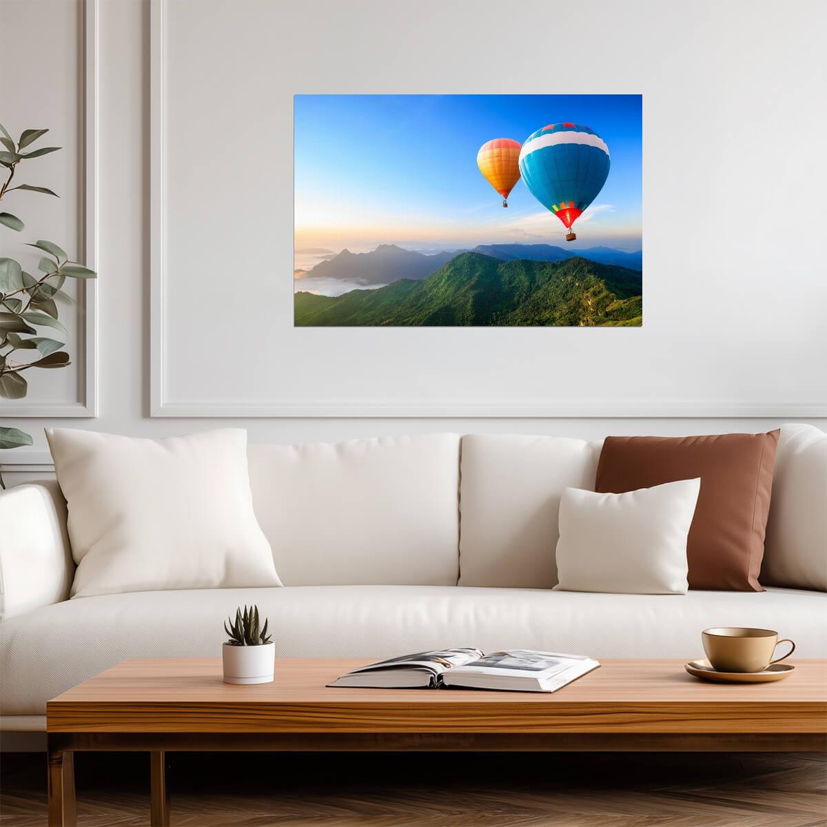 Colorful Hot Air Balloons Over Mountains | Landscape Photography Print | Adventure Poster - Photography Poster