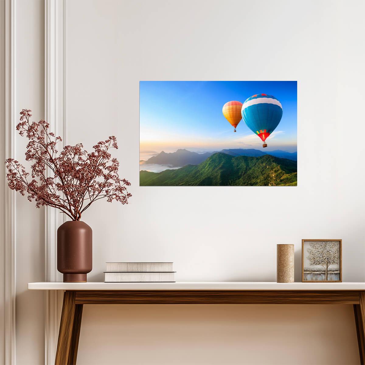 Colorful Hot Air Balloons Over Mountains | Landscape Photography Print | Adventure Poster - Photography Poster