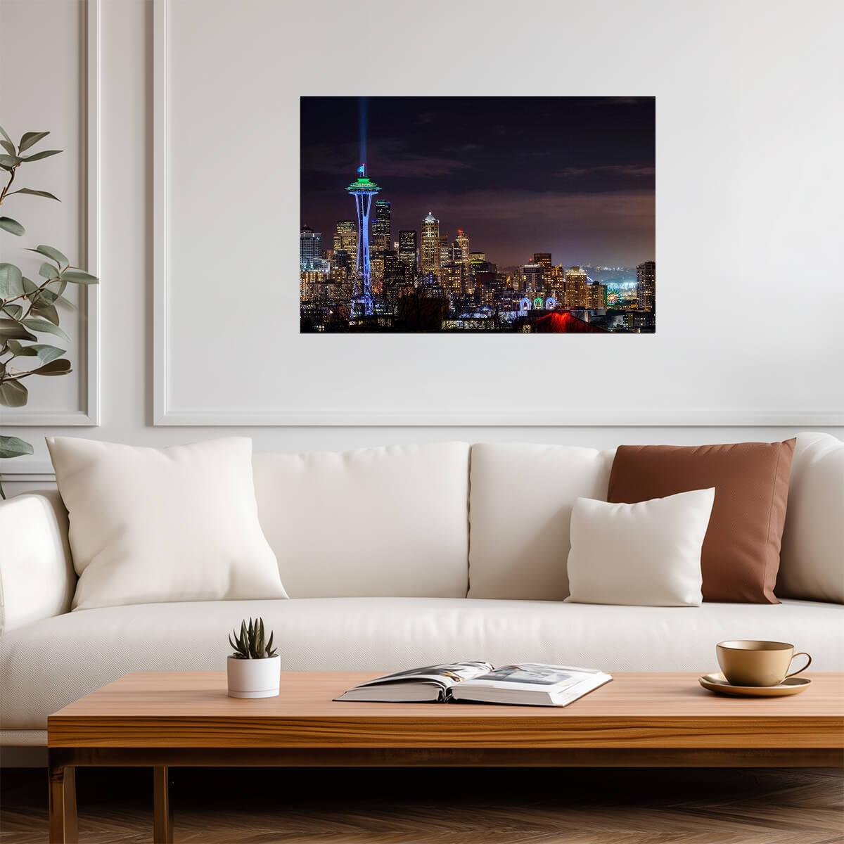 Illuminated Seattle Cityscape | Washington Photography Print | Urban Night Poster - Photography Poster