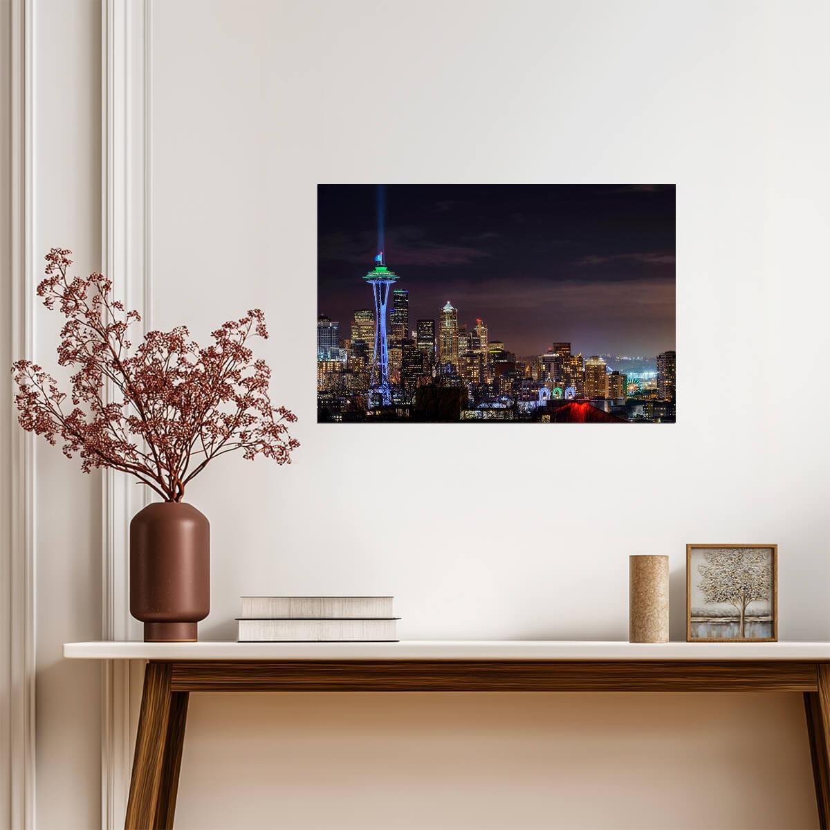 Illuminated Seattle Cityscape | Washington Photography Print | Urban Night Poster - Photography Poster