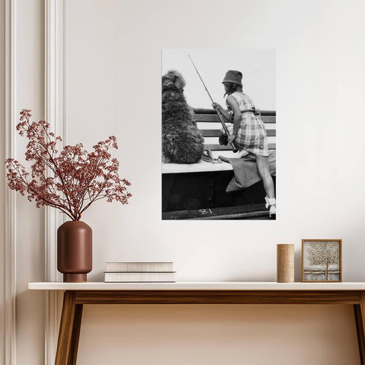 Little Girl And Dog Fishing 1934 | Vintage Black and White Photo | Retro Americana Poster - Vintage & Retro Poster
