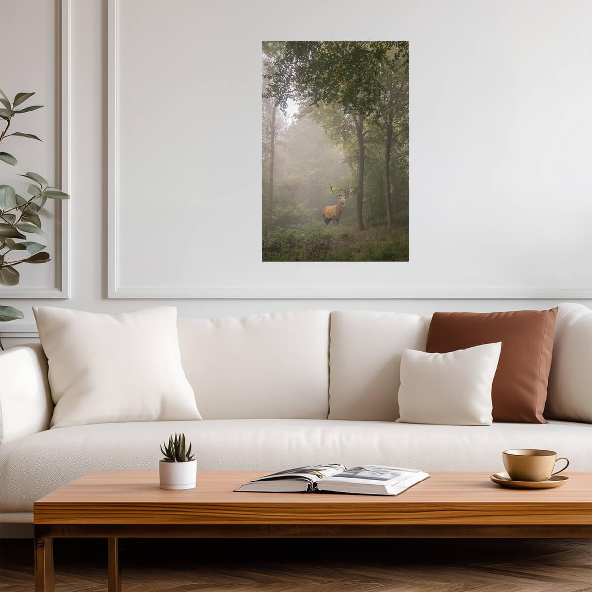 Majestic Red Deer Stag in a Foggy Forest Clearing | Wildlife Photography | Moody Nature Poster - Photography Poster