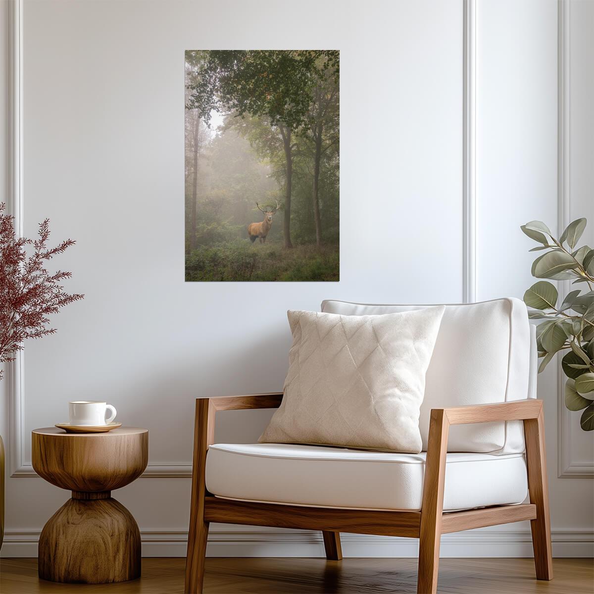 Majestic Red Deer Stag in a Foggy Forest Clearing | Wildlife Photography | Moody Nature Poster - Photography Poster