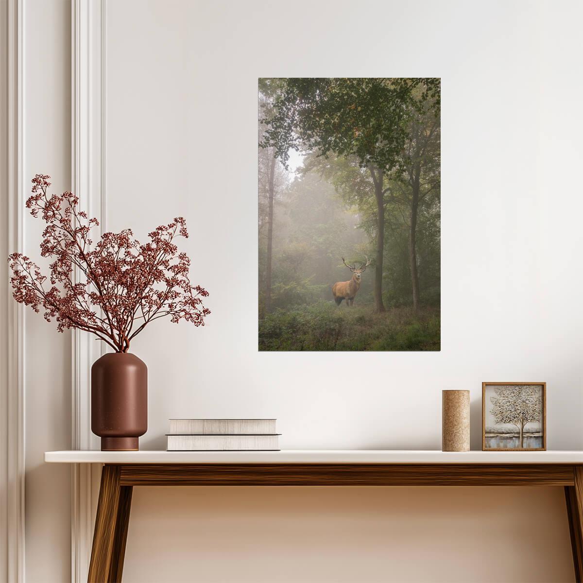 Majestic Red Deer Stag in a Foggy Forest Clearing | Wildlife Photography | Moody Nature Poster - Photography Poster