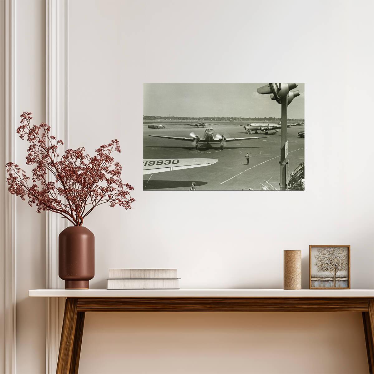 Retro Airplanes on an Airport Runway | Vintage Black and White Photo | Aviation History Poster - Vintage & Retro Poster