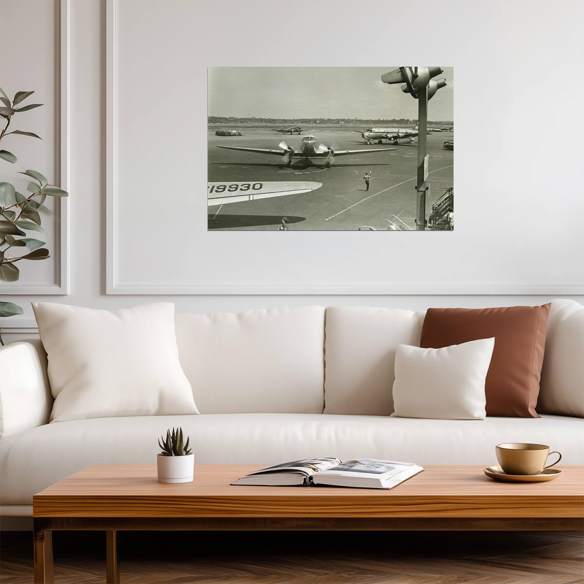 Retro Airplanes on an Airport Runway | Vintage Black and White Photo | Aviation History Poster - Vintage & Retro Poster